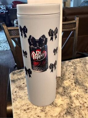 Dr pepper gray Stainless Tumbler with Black Bow Design NEW IN BOX